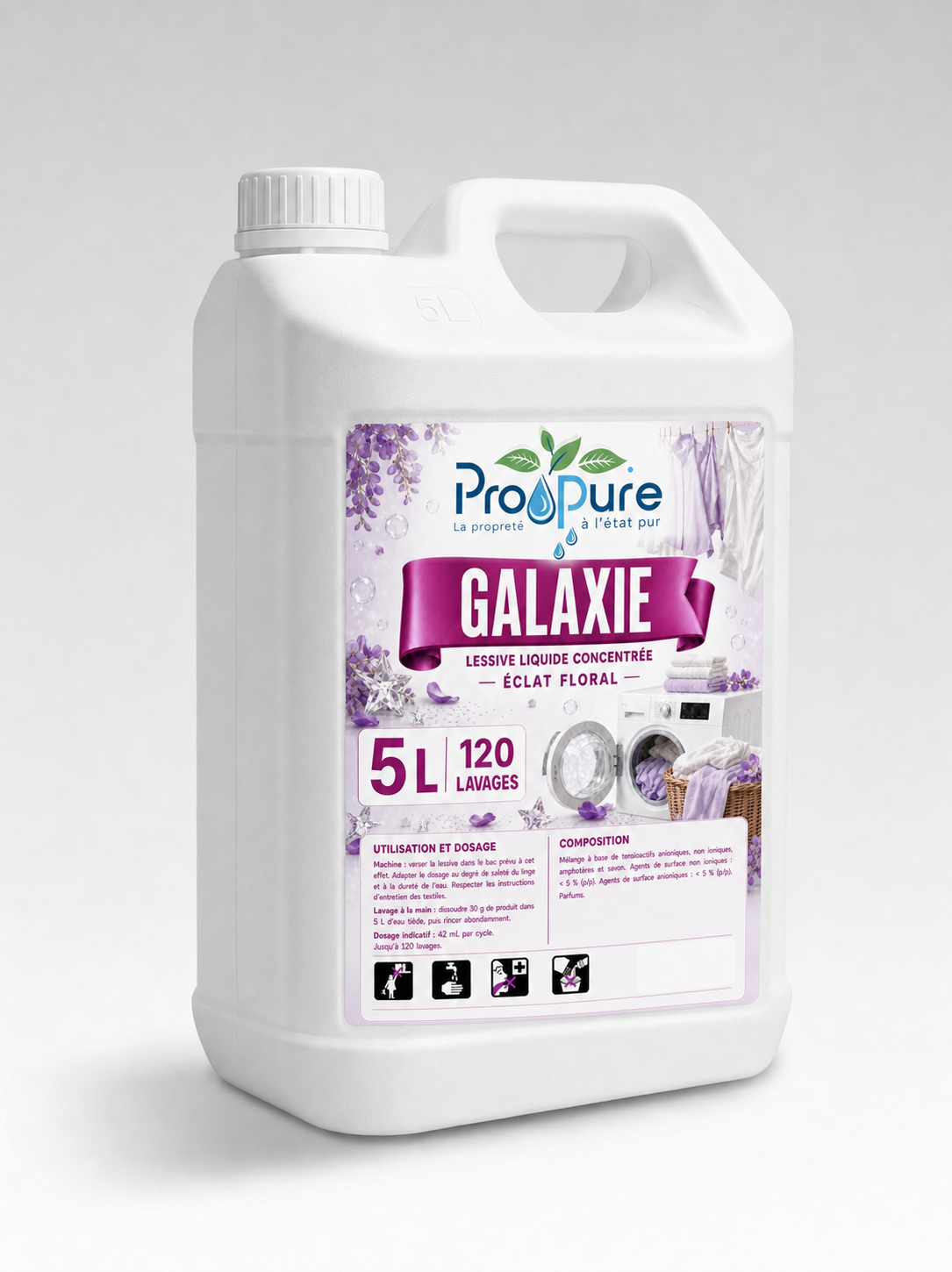 Bidon de lessive liquide concentrée Pro Pure Galaxie 5 L, jusqu’à 120 lavages