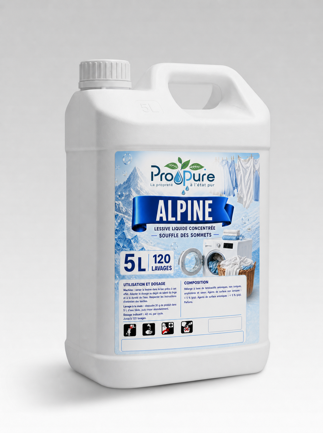 Bidon blanc de lessive concentrée Pro Pure Alpine 5 L, 120 lavages