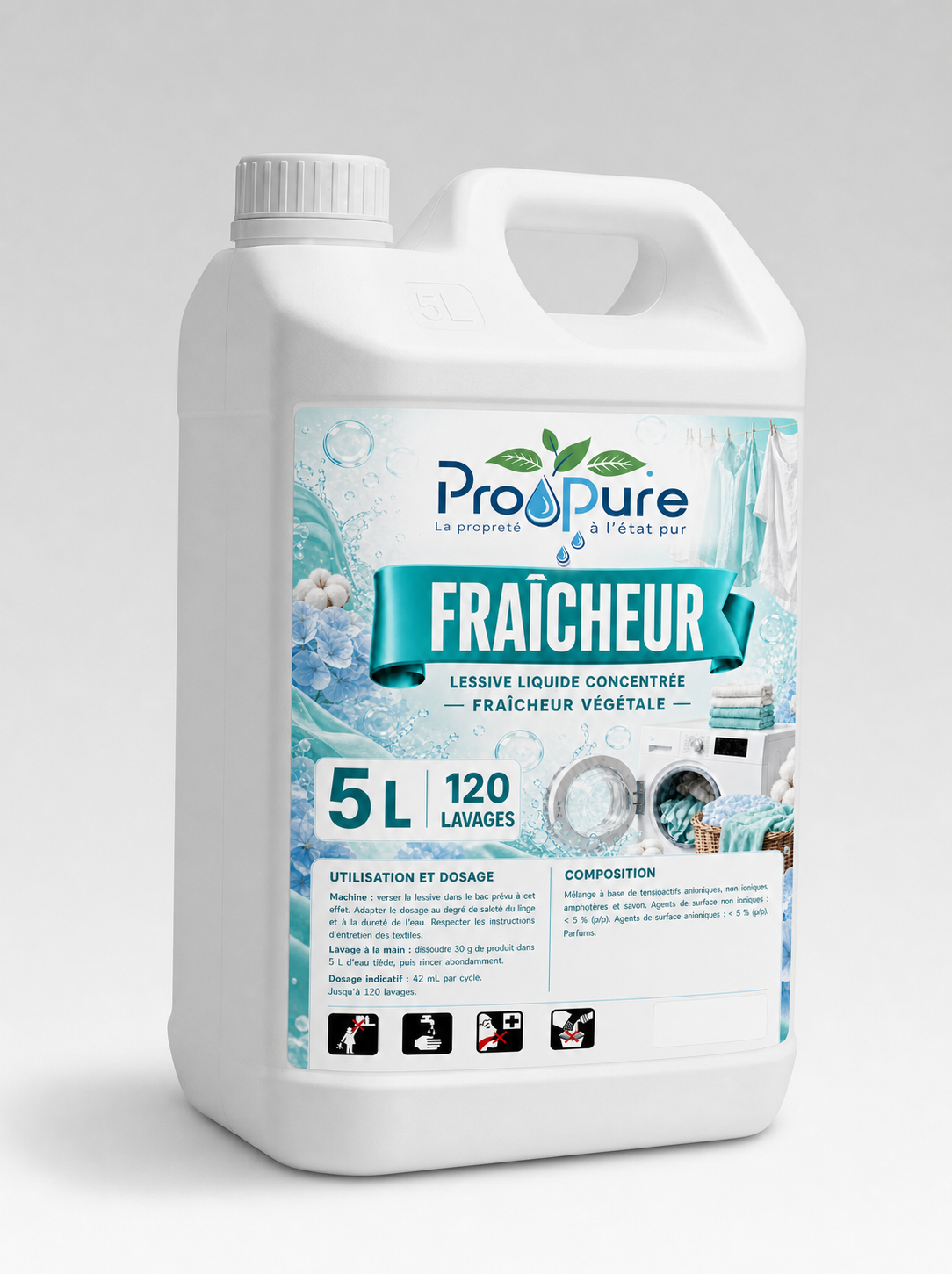 Bidon blanc de lessive concentrée Pro Pure Fraîcheur 5 L, 120 lavages