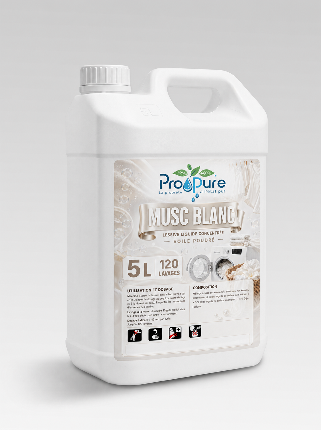 Bidon blanc de lessive concentrée Pro Pure Musc Blanc 5 L, 120 lavages