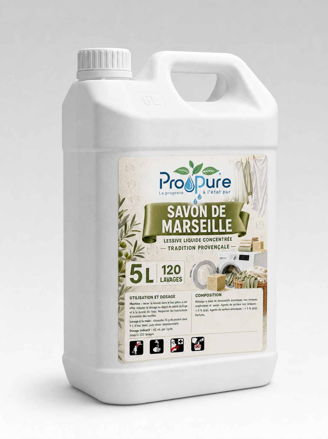 Bidon blanc de lessive concentrée Pro Pure Savon de Marseille 5 L, 120 lavages