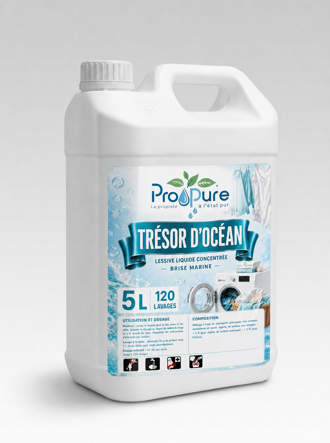 Bidon blanc de lessive concentrée Pro Pure Trésor d’Océan 5 L, 120 lavages