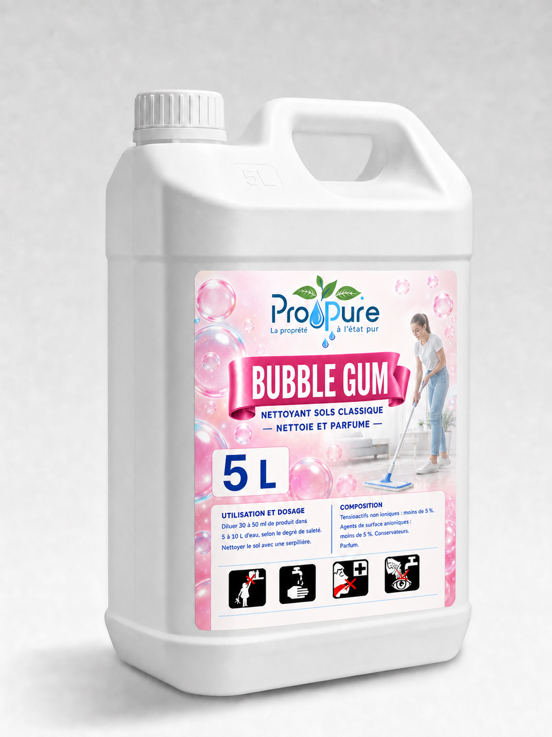 Bidon blanc de nettoyant sols Pro Pure Bubble Gum 5 L