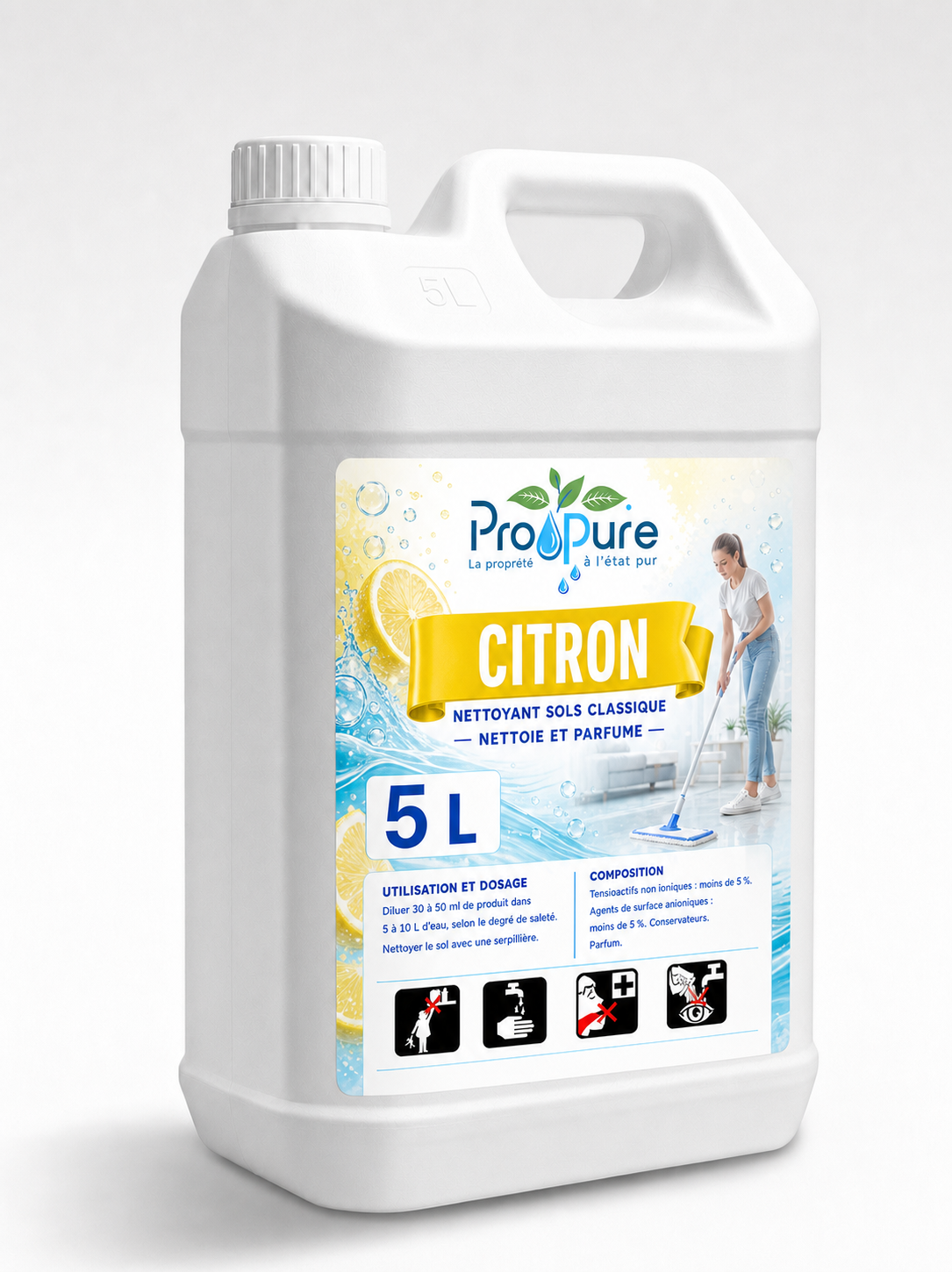 Bidon blanc de nettoyant sols Pro Pure Citron 5 L