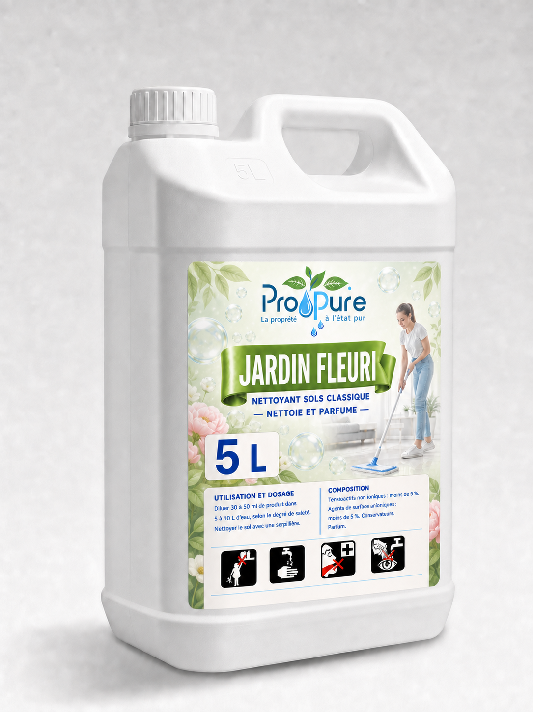 Bidon blanc de nettoyant sols Pro Pure Jardin Fleuri 5 L