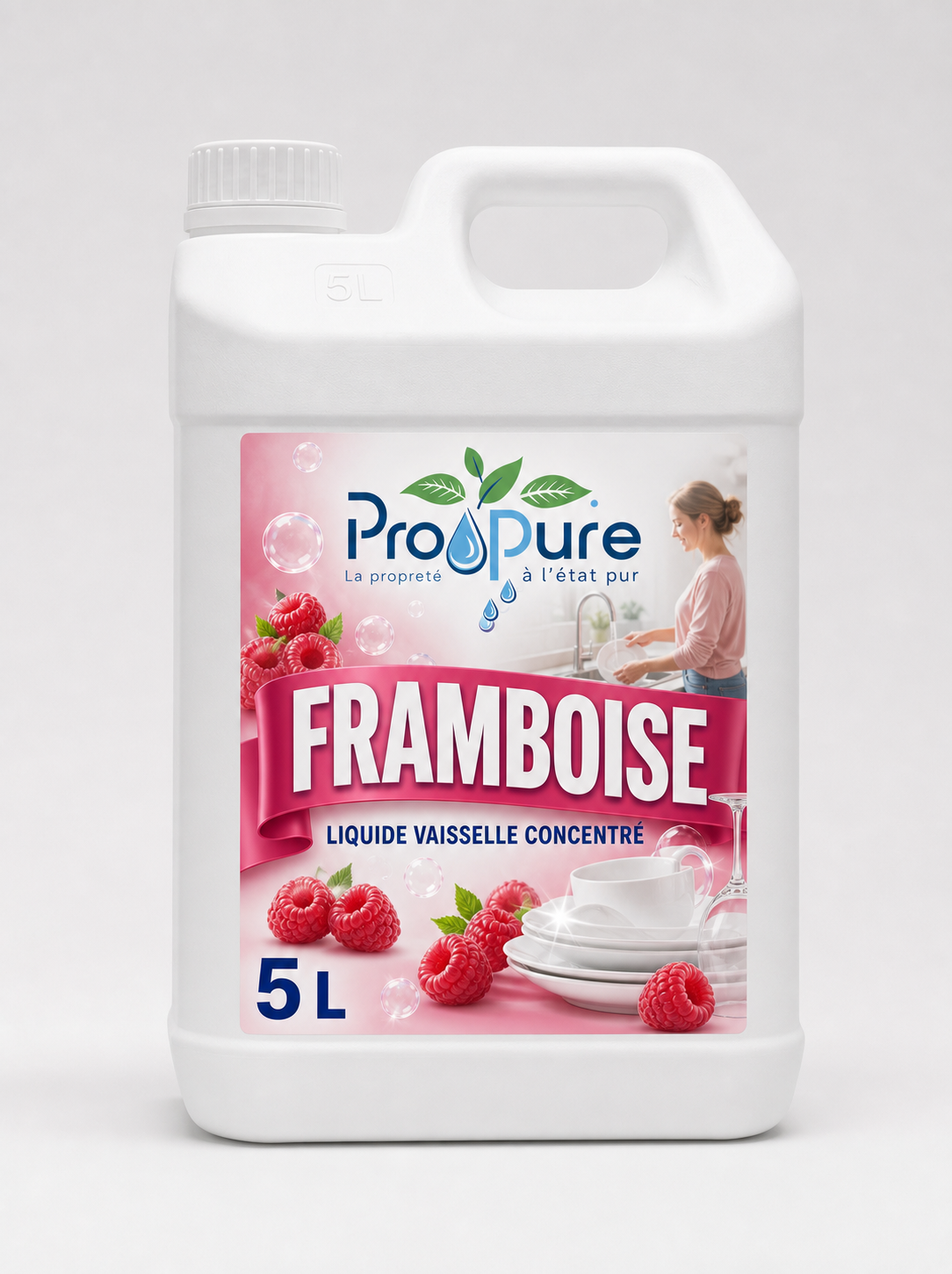 Bidon blanc de liquide vaisselle concentré Pro Pure Framboise 5 L